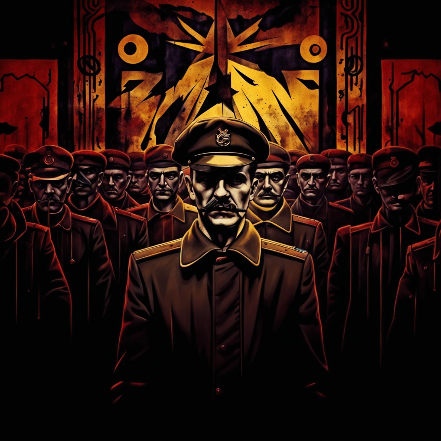 An abstract, dark image of a vintage Romanian communist secret police officer, using deep colors and shadowy tones to evoke fear and oppression, with abstract elements suggesting surveillance and control