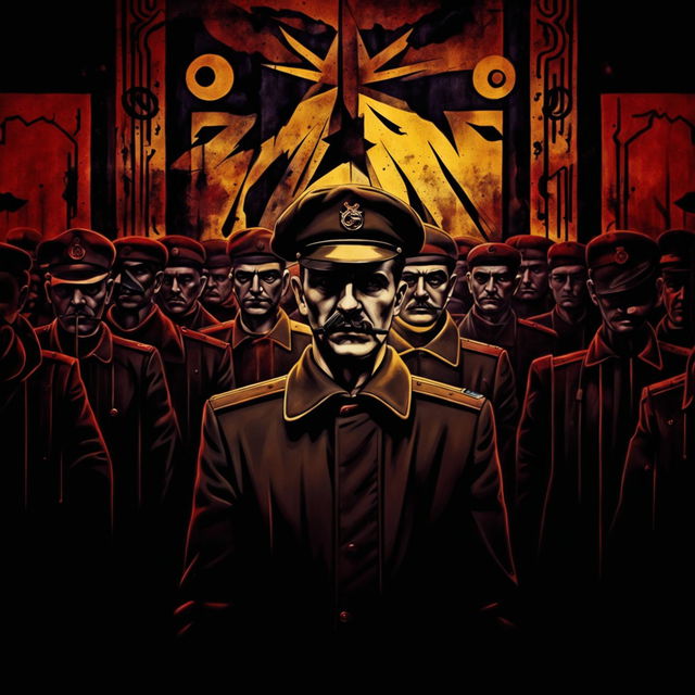 An abstract, dark image of a vintage Romanian communist secret police officer, using deep colors and shadowy tones to evoke fear and oppression, with abstract elements suggesting surveillance and control