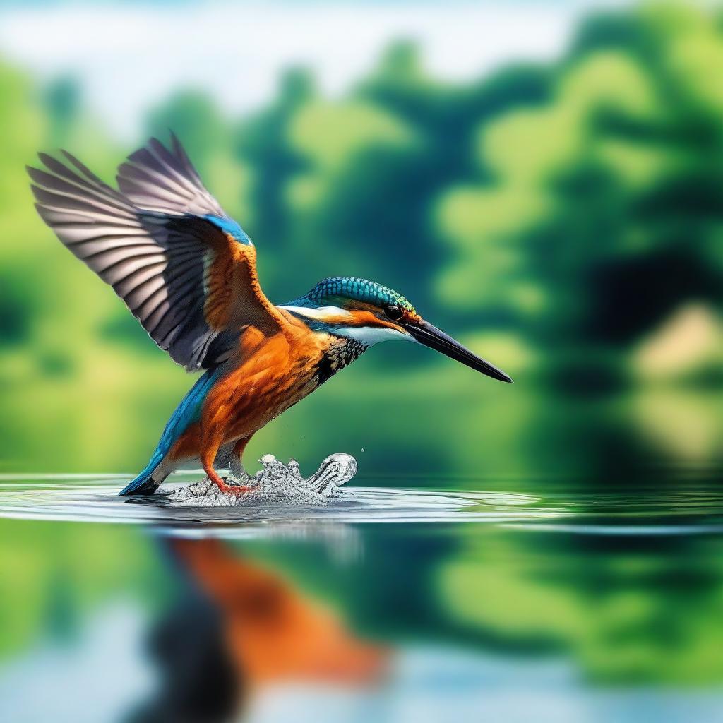 A flying kingfisher diving until the tip of its beak touches the surface of the lake