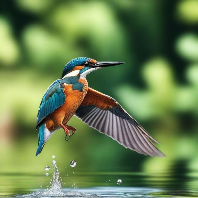 A flying kingfisher diving until the tip of its beak touches the surface of the lake