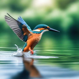 A flying kingfisher diving until the tip of its beak touches the surface of the lake