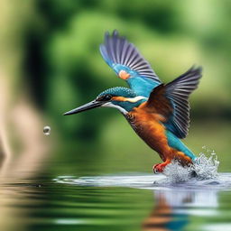 A flying kingfisher diving until the tip of its beak touches the surface of the lake