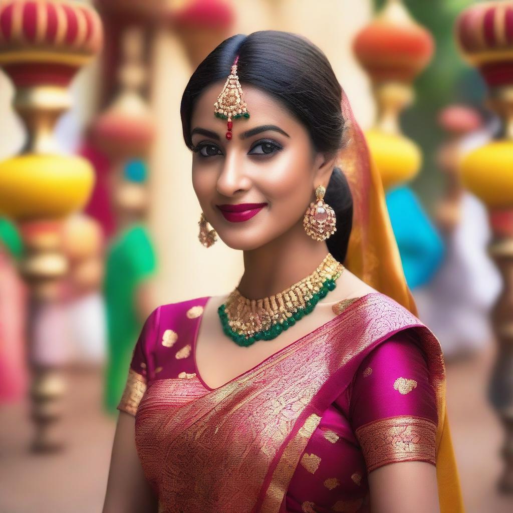 A beautiful and elegant Indian woman wearing traditional attire, such as a saree, with intricate jewelry and a graceful pose