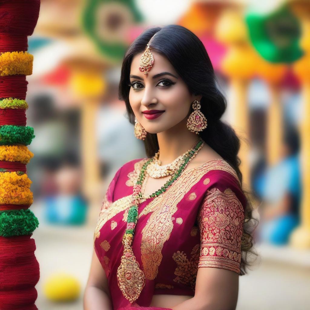 A beautiful and elegant Indian woman wearing traditional attire, such as a saree, with intricate jewelry and a graceful pose