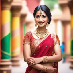 A beautiful and elegant Indian woman wearing traditional attire, such as a saree, with intricate jewelry and a graceful pose