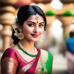 A beautiful and elegant Indian woman wearing traditional attire, such as a saree, with intricate jewelry and a graceful pose