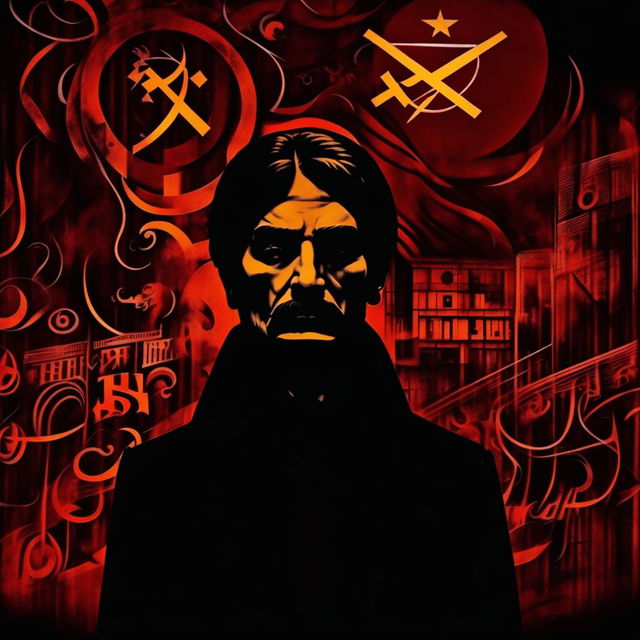 An abstract, dark image representing the vintage Romanian communist era with propaganda posters, decaying buildings, and somber faces, using deep colors and shadowy tones to create an oppressive atmosphere