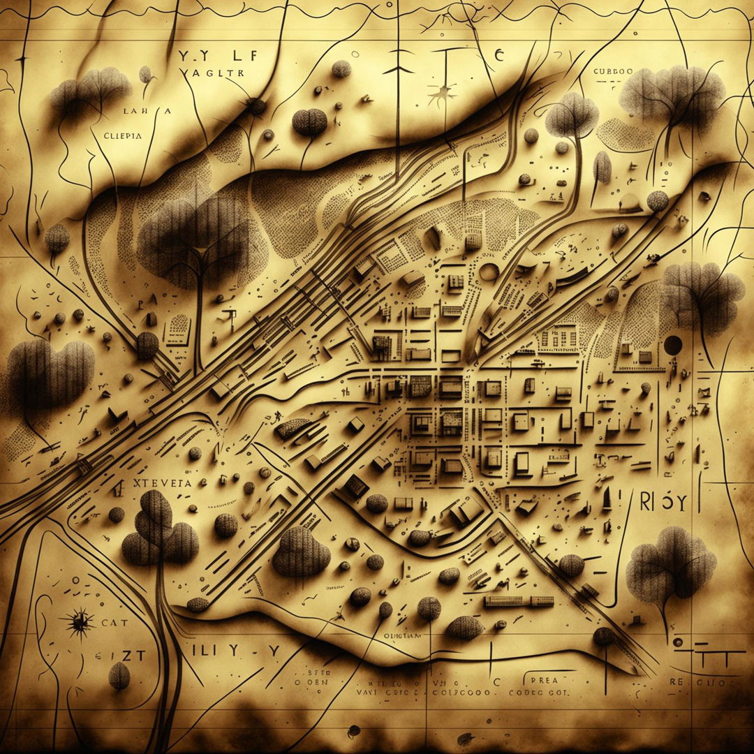 An abstract, vintage map of the city of Cluj, using sepia tones, hand-drawn lines, and iconic landmarks, with a textured, aged paper background to evoke historical charm and nostalgia