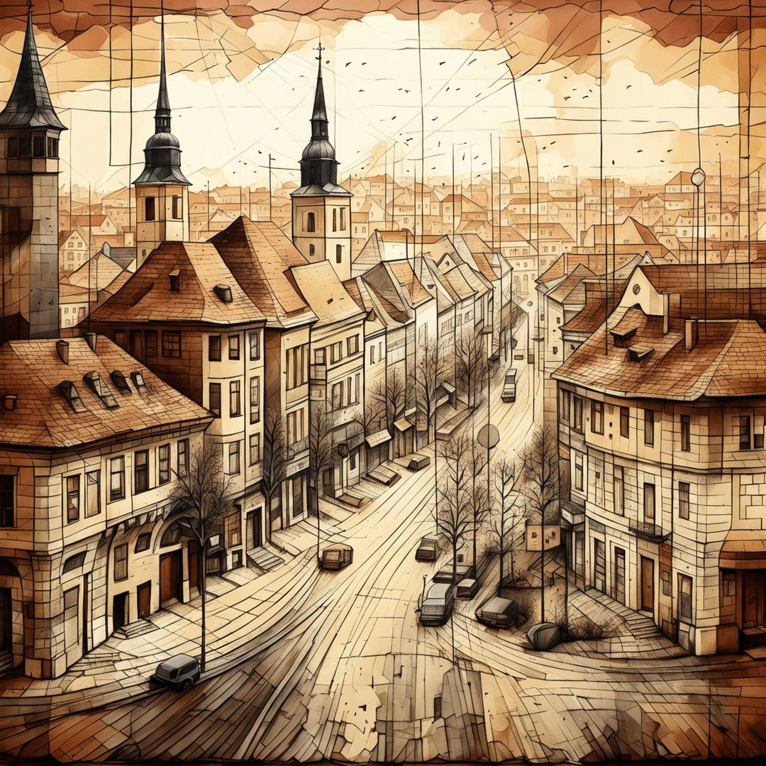 An abstract, vintage representation of the city of Cluj, using sepia tones, hand-drawn lines, and iconic landmarks with a textured, aged paper background to evoke historical charm and nostalgia