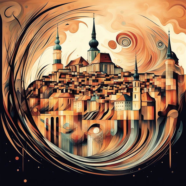 An abstract, vintage image of the city of Cluj, featuring iconic landmarks with soft, muted colors and intricate details, creating a sense of nostalgia and timelessness