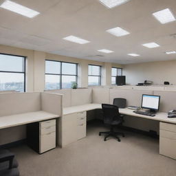 A simple anime-style office space filled with cubicles, computer systems, and other office essentials, illuminated by soft daylight.