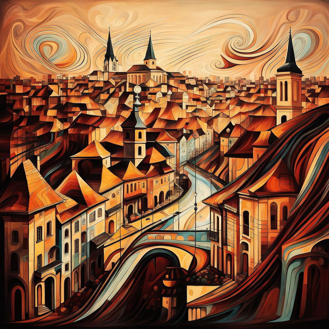 An abstract, vintage image of the city of Cluj, featuring Gothic and Baroque architecture with warm colors and intricate details to evoke a sense of history and cultural richness