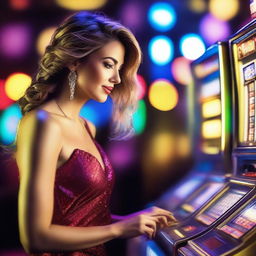 A sexy woman playing slot machines in a glamorous casino setting