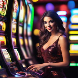 A sexy woman playing slot machines in a glamorous casino setting