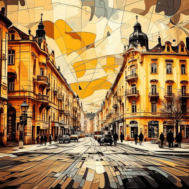 An abstract, vintage image of the streets of Cluj, featuring cobblestone streets, old buildings, and street lamps with warm colors and intricate details to evoke historical charm and cultural richness