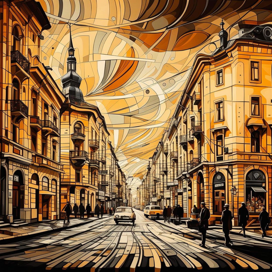 An abstract, vintage image of the streets of Cluj, featuring cobblestone streets, old buildings, and street lamps with warm colors and intricate details to evoke historical charm and cultural richness