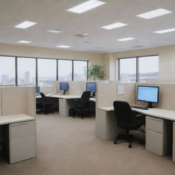 A simple anime-style office space filled with cubicles, computer systems, and other office essentials, illuminated by soft daylight.