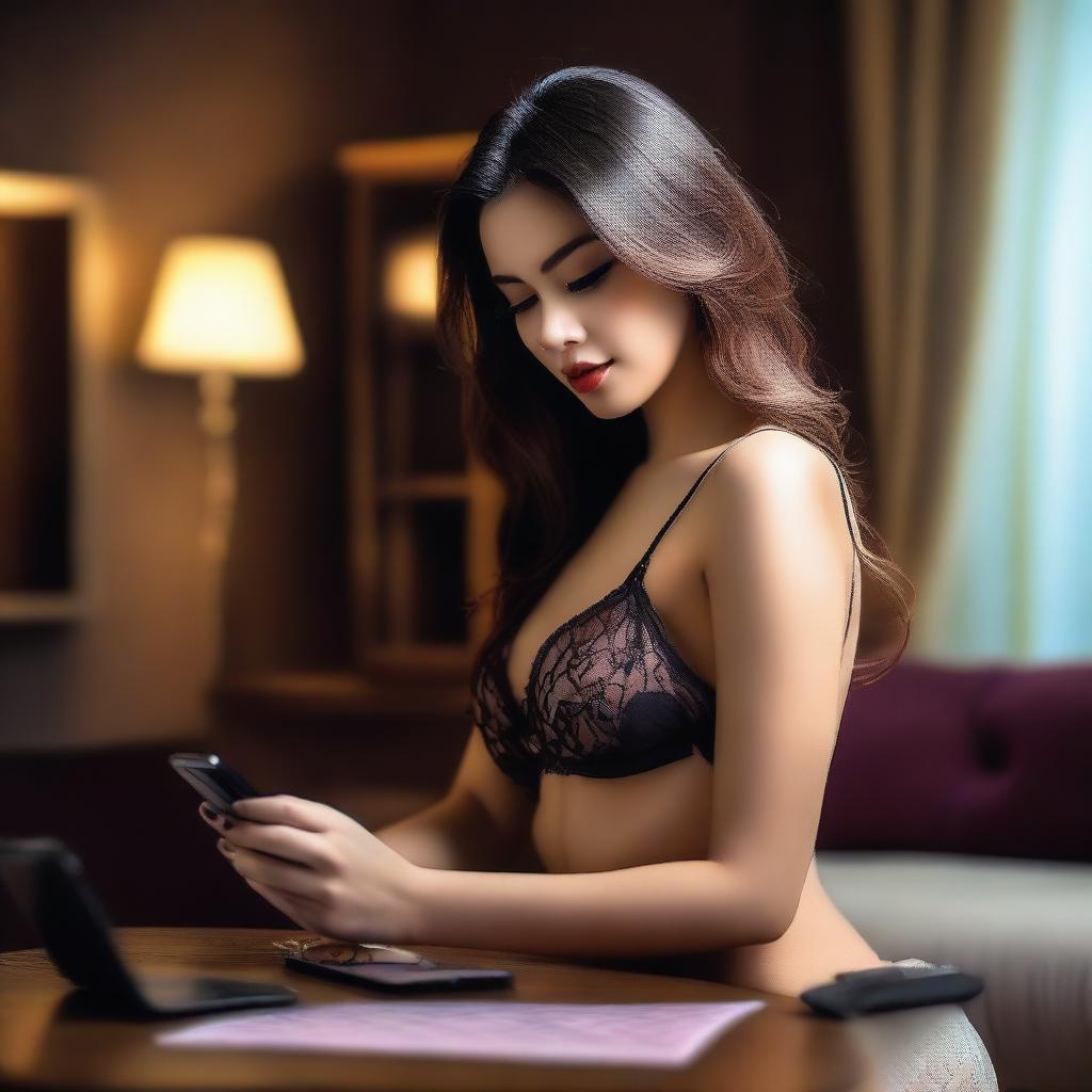 A sexy woman in lingerie playing slot games on her mobile phone