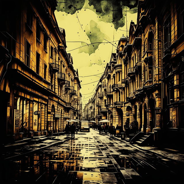 An abstract, vintage image of the streets of Cluj with a dark, moody atmosphere, featuring cobblestone streets, old buildings, and street lamps with muted colors and intricate details to evoke mystery and cultural richness