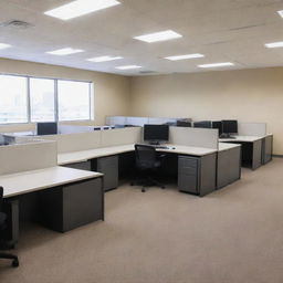 A simple anime-style office space filled with cubicles, computer systems, and other office essentials, illuminated by soft daylight.