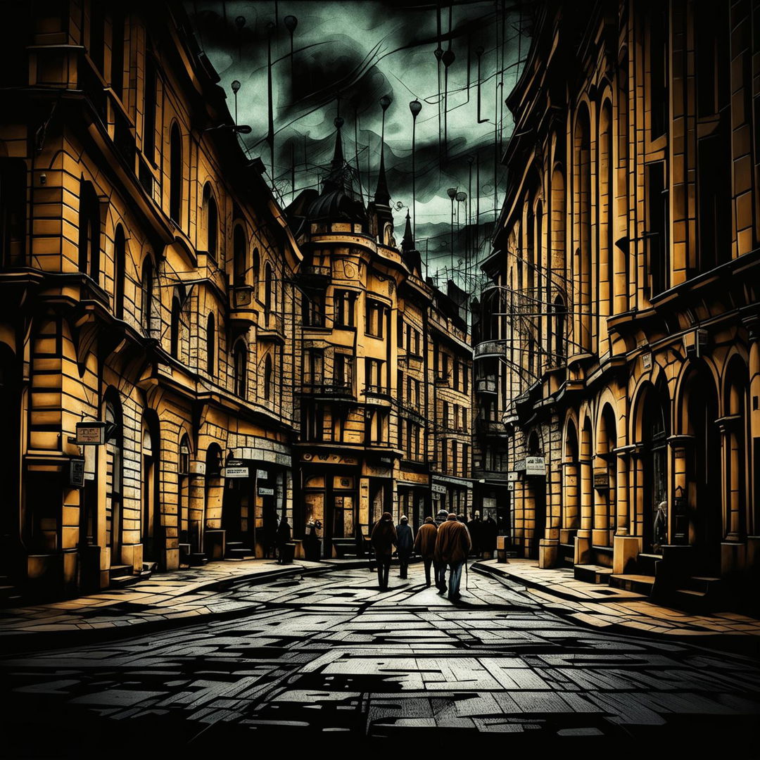 An abstract, vintage image of the streets of Cluj with a dark, moody atmosphere, featuring cobblestone streets, old buildings, and street lamps with muted colors and intricate details to evoke mystery and cultural richness