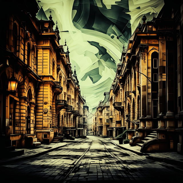 An abstract, semi-dark image of the vintage streets of Cluj, featuring cobblestone paths, old buildings, and vintage street lamps, using rich colors and a balance of light and shadow to create a nostalgic and intriguing atmosphere