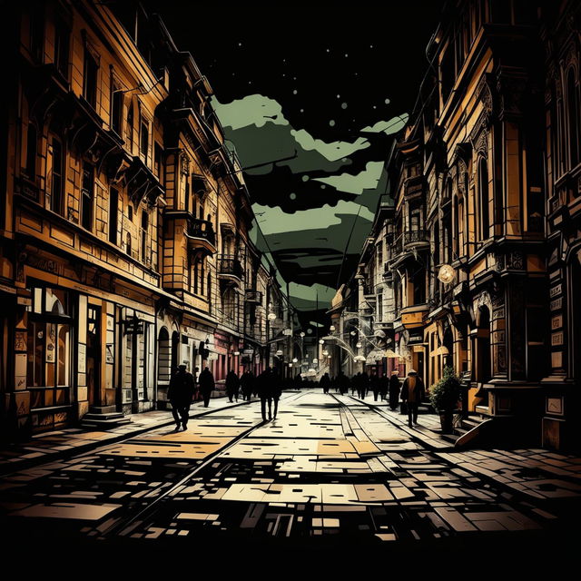 An abstract, semi-dark image of the vintage streets of Cluj, featuring cobblestone streets, old buildings, and vintage street lamps with rich colors and a balance of light and shadow to evoke mystery and cultural richness