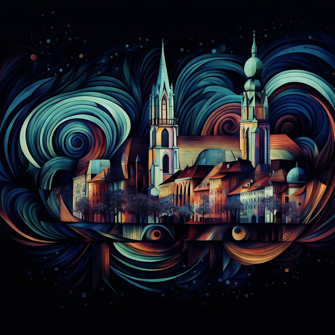 An abstract, semi-dark image of vintage Cluj, featuring gothic spires, cobblestone streets, and historic buildings, using deep, muted colors and occasional bright highlights to create an atmospheric mood