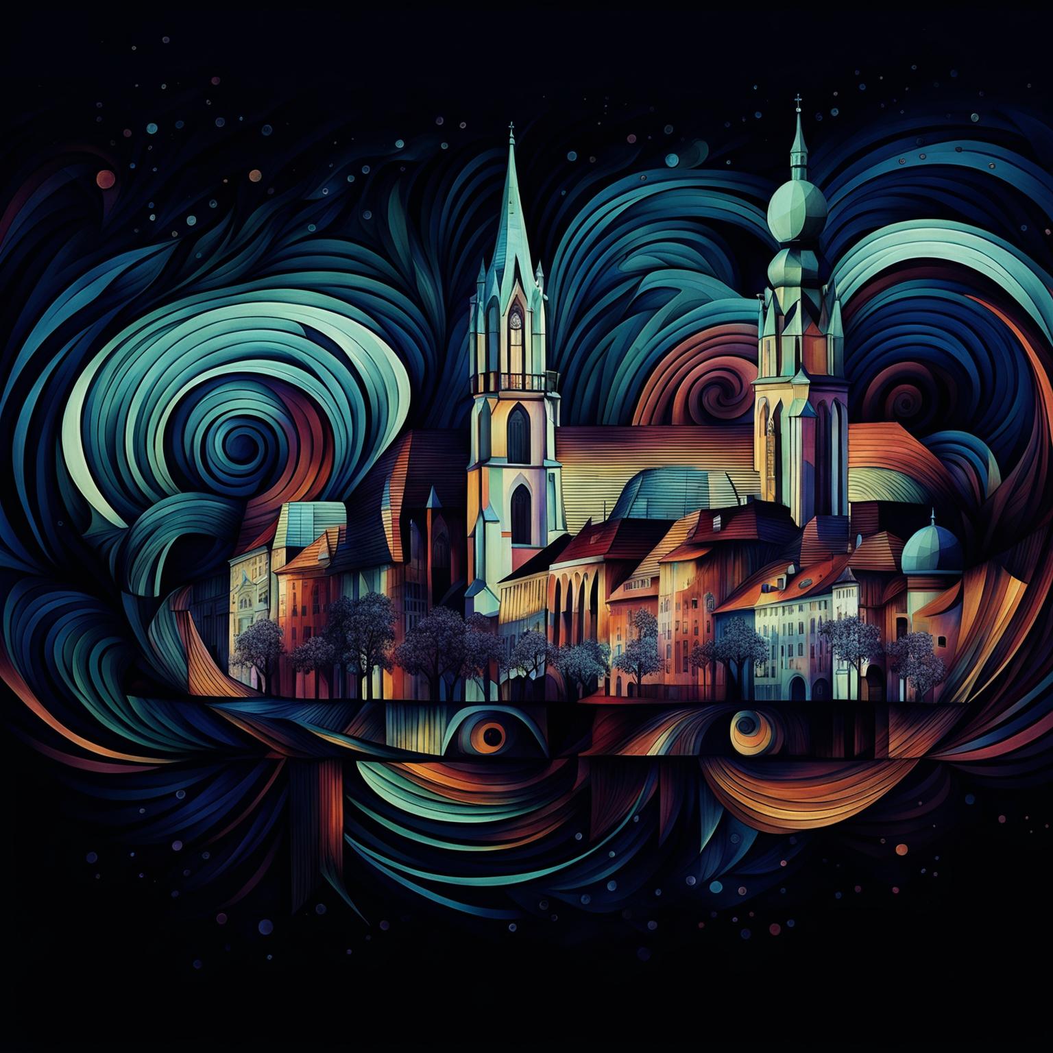 An abstract, semi-dark image of vintage Cluj, featuring gothic spires, cobblestone streets, and historic buildings, using deep, muted colors and occasional bright highlights to create an atmospheric mood