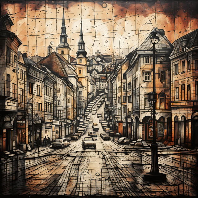 An abstract, semi-dark vintage image of Cluj Piaza, featuring iconic landmarks with muted dark tones, intricate details, and a textured, aged paper background to evoke historical charm and mystery