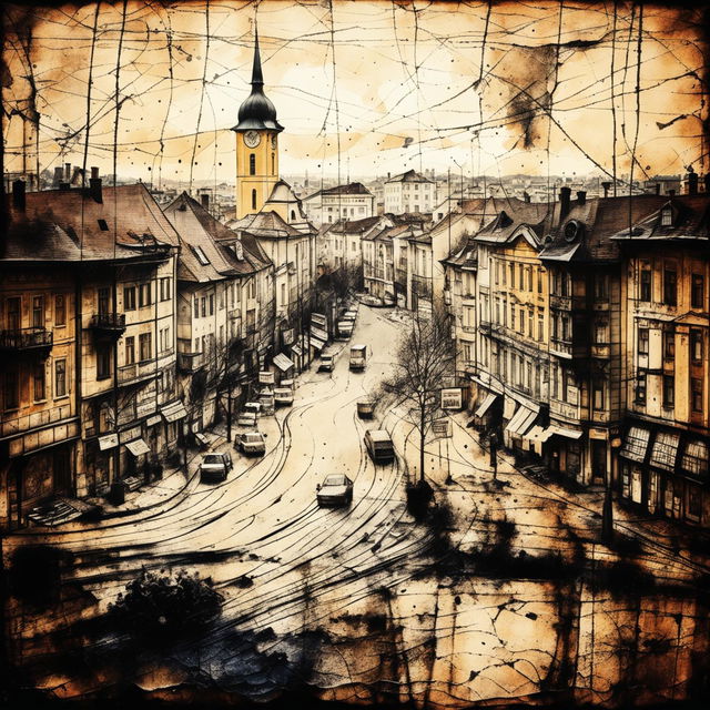 An abstract, semi-dark vintage image of Cluj Piaza, featuring iconic landmarks with deep muted colors, intricate details, and a textured, aged background to evoke historical charm and mystery