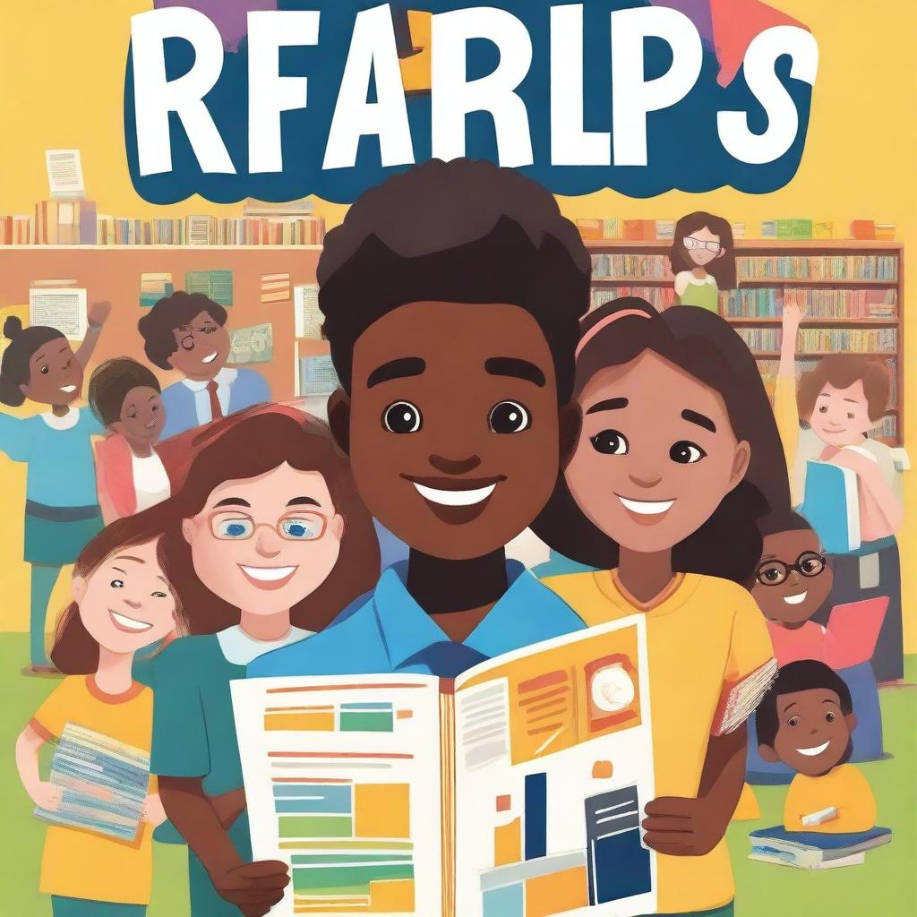 A vibrant and engaging cover for a school magazine, featuring happy students in a classroom setting