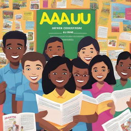 A vibrant and engaging cover for a school magazine, featuring happy students in a classroom setting