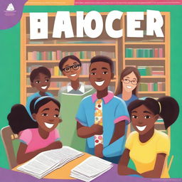 A vibrant and engaging cover for a school magazine, featuring happy students in a classroom setting