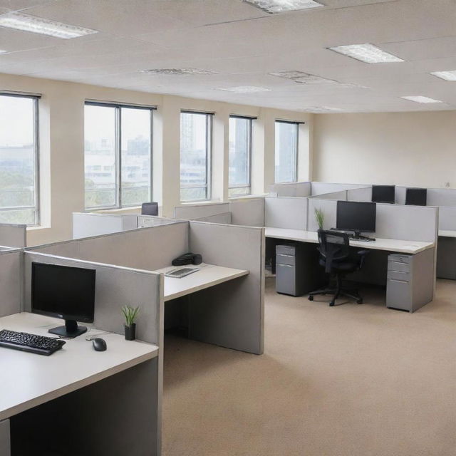 A simple anime-style office space filled with cubicles, computer systems, and other office essentials, illuminated by soft daylight.