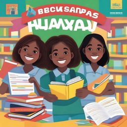 A vibrant and engaging cover for a school magazine, featuring happy students in a classroom setting