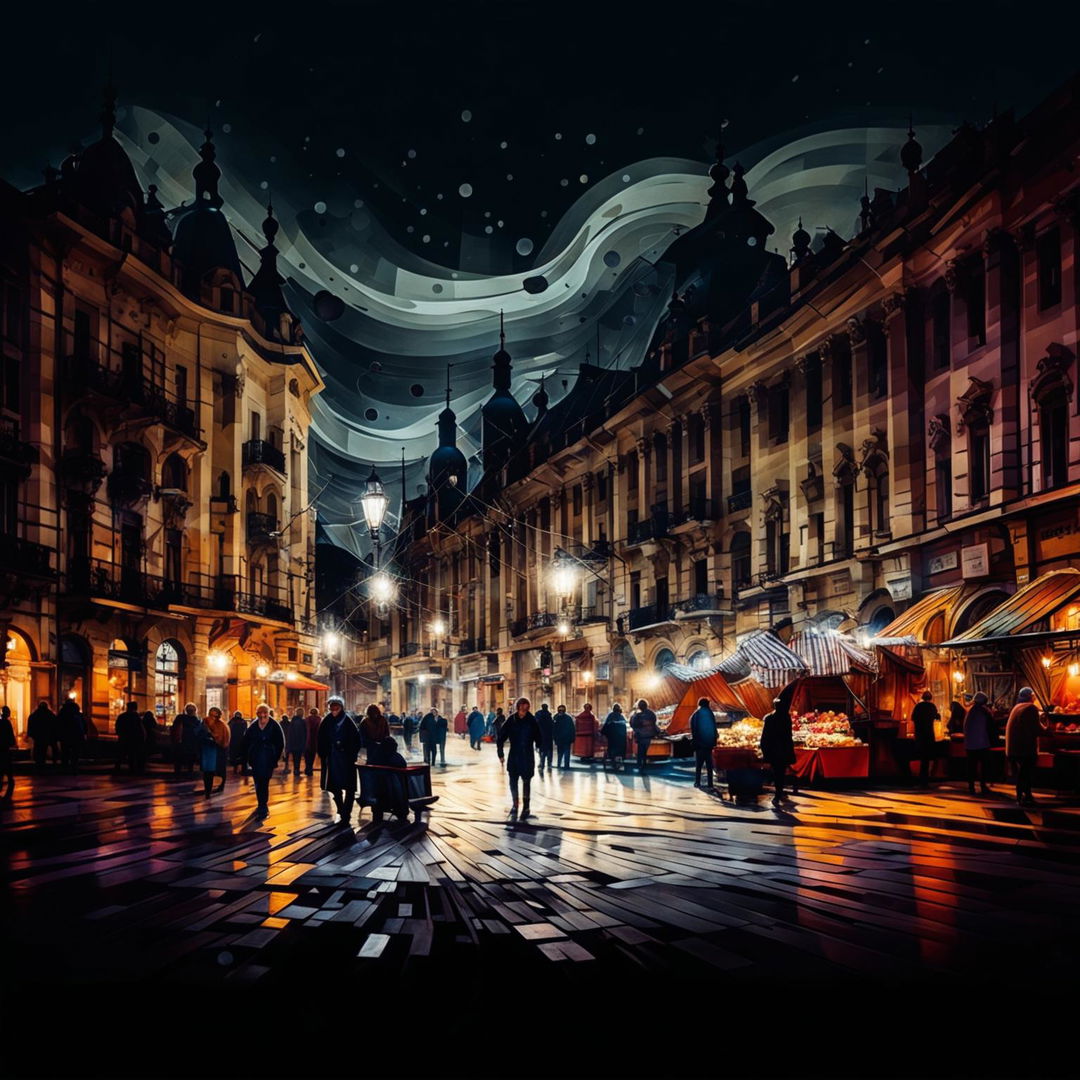 An abstract, semi-dark image of vintage Cluj Piaza, featuring cobblestone streets, historic buildings, vintage street lamps, and market stalls, using deep, muted colors and occasional bright highlights to create an atmospheric mood