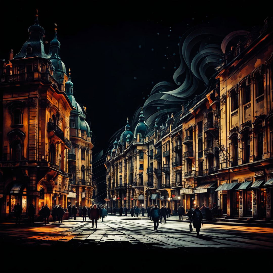 An abstract, semi-dark image of vintage Cluj Piaza, featuring gothic spires, cobblestone streets, historic buildings, and vintage street lamps with deep, muted colors and occasional bright highlights to create an atmospheric mood