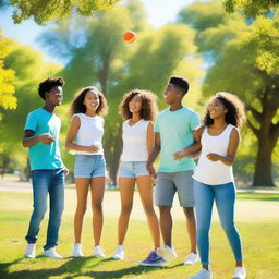 A vibrant and lively image featuring a group of teenagers enjoying their time together at a park