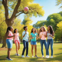 A vibrant and lively image featuring a group of teenagers enjoying their time together at a park