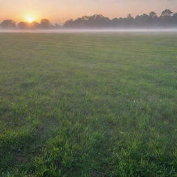 A serene landscape at dawn with dew gathered on the grass and the early morning sun just peeking over the horizon.