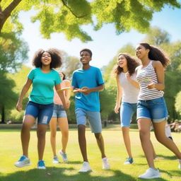 A vibrant and lively image featuring a group of teenagers enjoying their time together at a park