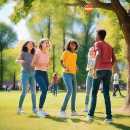 A vibrant and lively image featuring a group of teenagers enjoying their time together at a park