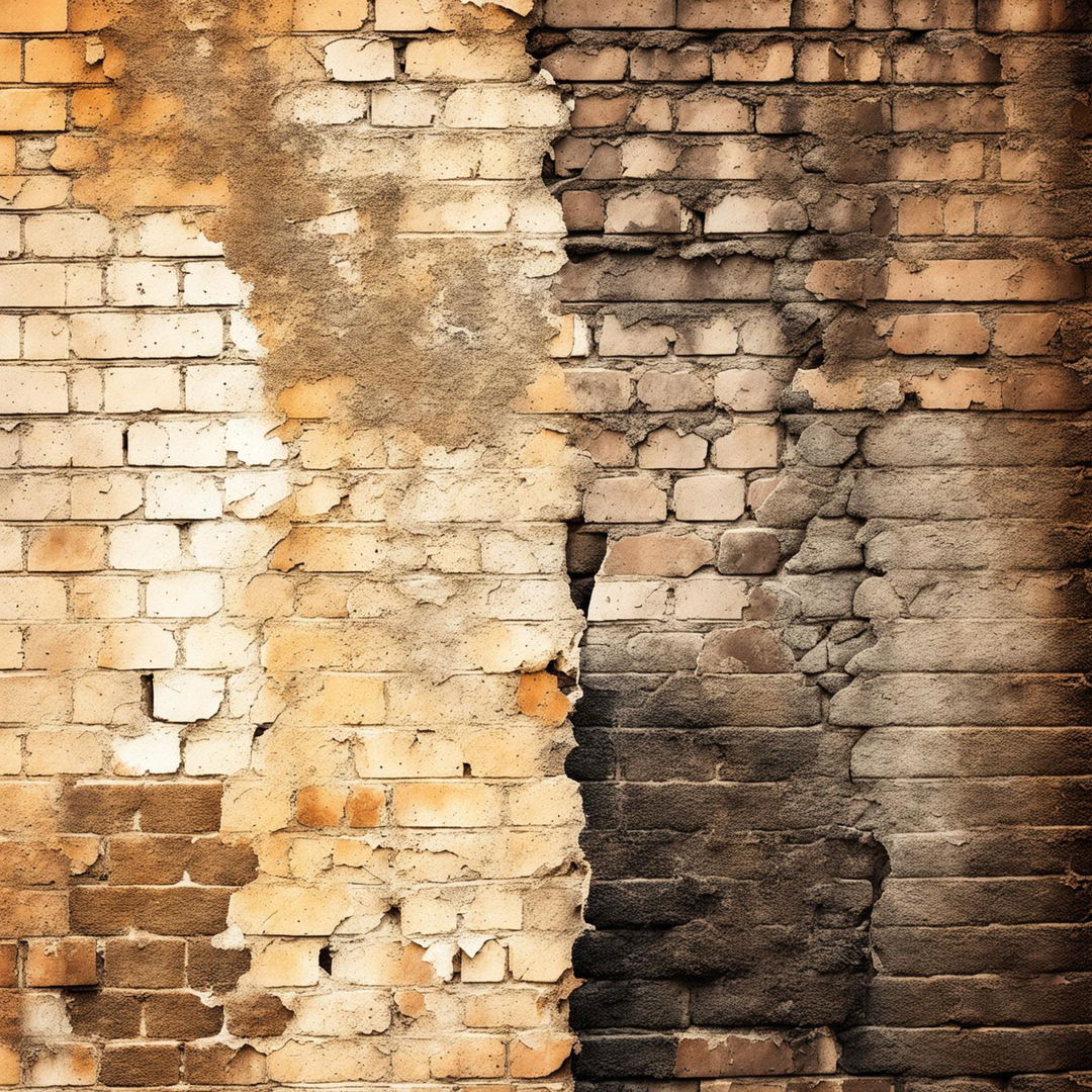 An abstract image of a vintage brick wall background that is broken, cracked, and torn, using muted tones and intricate details to evoke a sense of decay and history