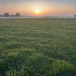 A serene landscape at dawn with dew gathered on the grass and the early morning sun just peeking over the horizon.