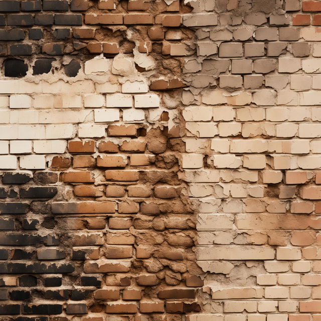 An abstract, vintage brick wall background that is broken, cracked, torn, and features visible holes