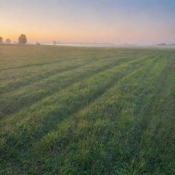 A serene landscape at dawn with dew gathered on the grass and the early morning sun just peeking over the horizon.