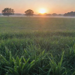 A serene landscape at dawn with dew gathered on the grass and the early morning sun just peeking over the horizon.