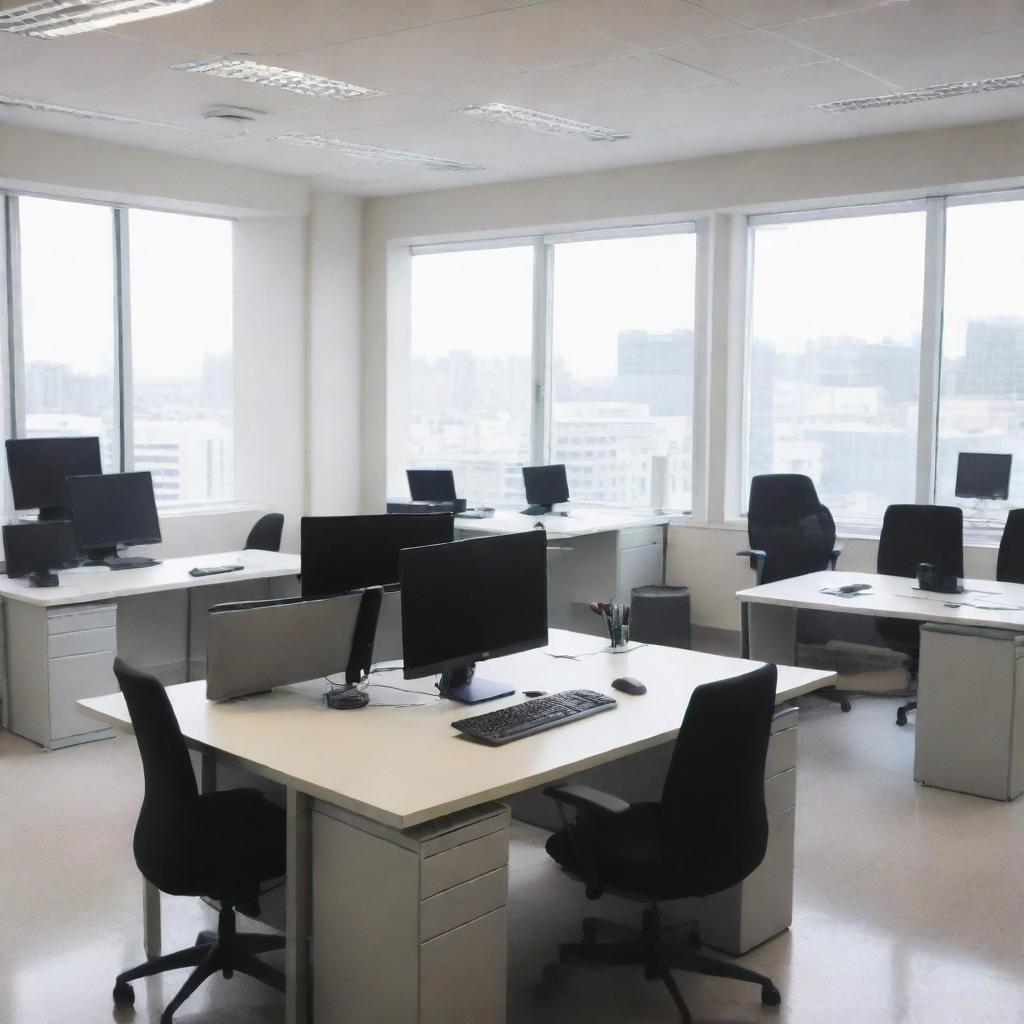 A simple anime-style office space, filled with desks, chairs, and computers, including distinctive features like a meeting room and individual workstations illuminated by natural daylight.