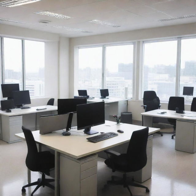 A simple anime-style office space, filled with desks, chairs, and computers, including distinctive features like a meeting room and individual workstations illuminated by natural daylight.